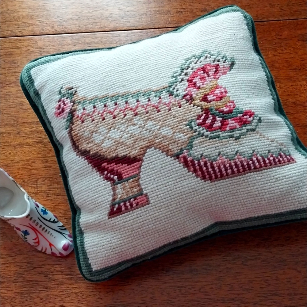 NEEDLEPOINT PILLOW & GLASS SHOE.